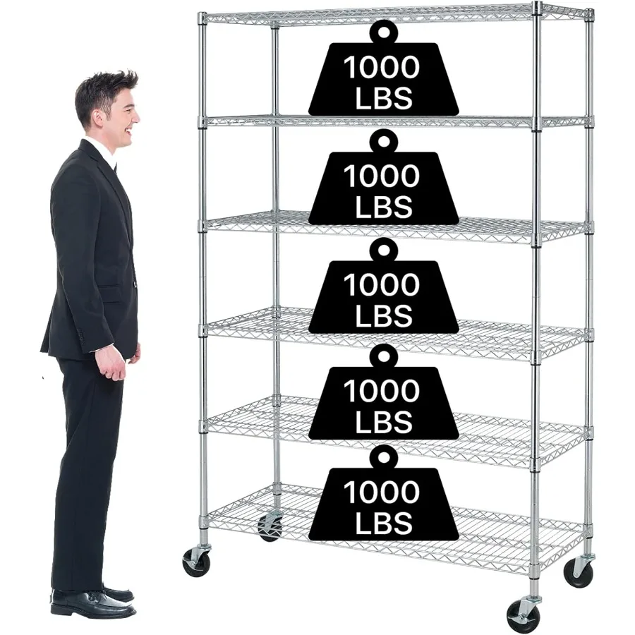 

6-Tier Heavy Duty Commercial Shelving Unit - 6000lb Capacity Steel Wire Rack with Wheels Adjustable NSF Garage Storage Shelf Bl