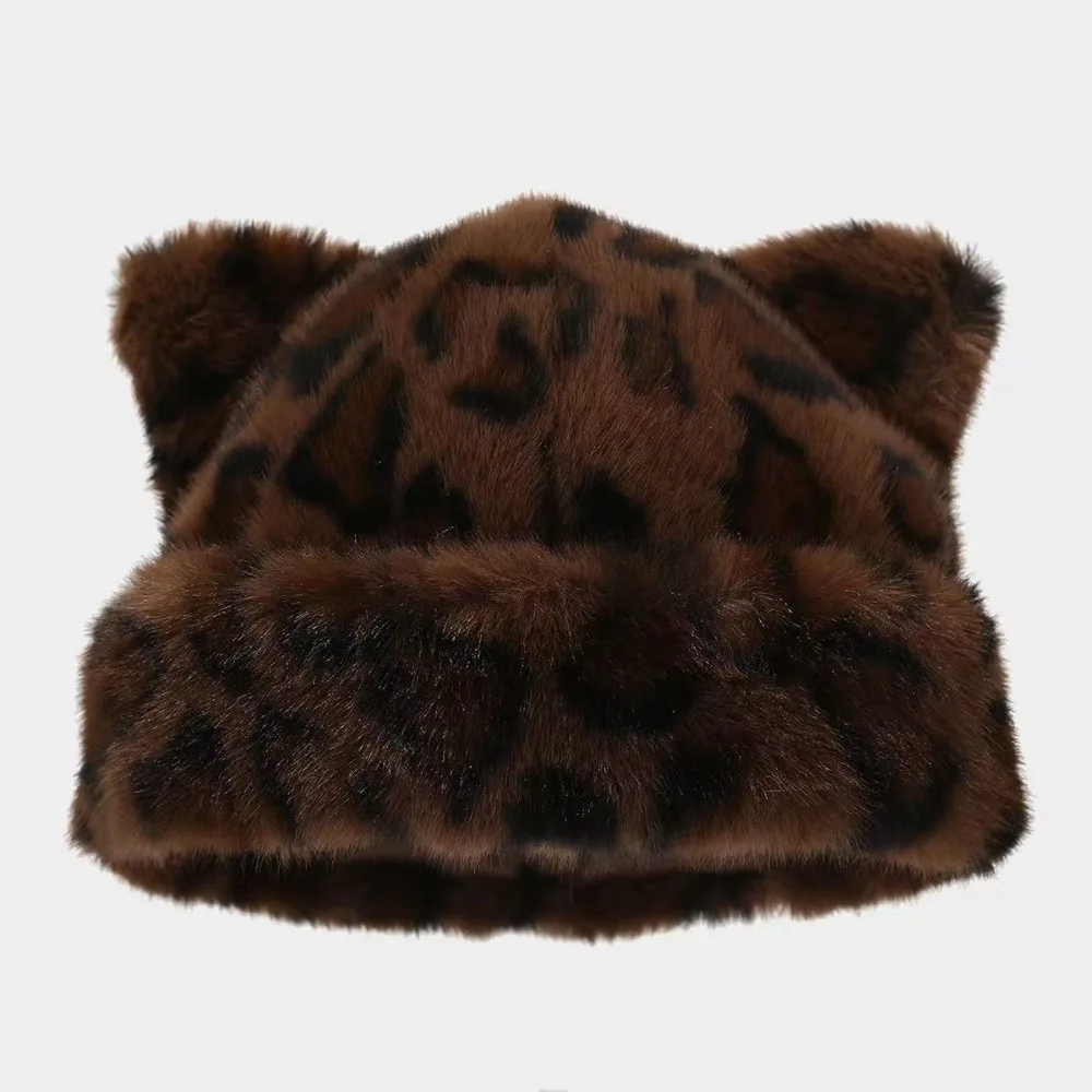 Soft Imitation Mink Fur Leopard Ear Beanie Soft Korean Style Brimless Beanie Cap Retro Elastic Plush Bear Hat Winter