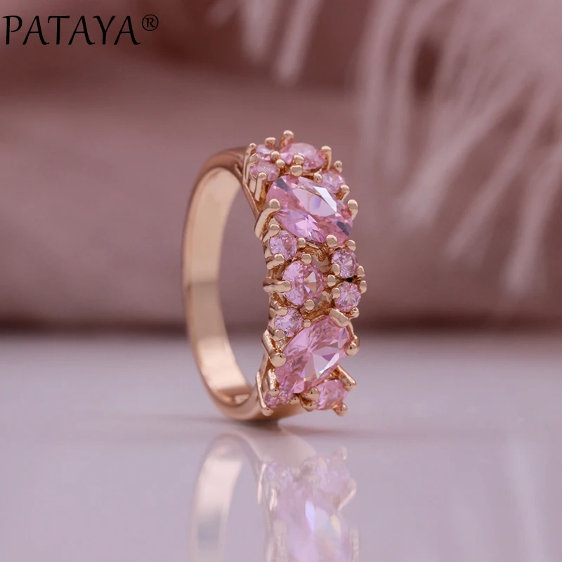 PATAYA New 585 Rose Gold Color Earrings Ring Sets For Women Fashion Pink Natural Zircon Flower Bride Rings Wedding Jewelry Sets