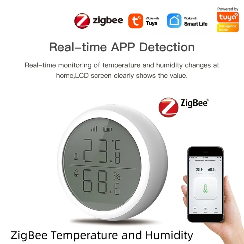 

Tuya Zigbee Smart Temperature and Humidity Sensor Smart Life APP Household Thermometer LED Display Works with Zigbee Gateway Hub