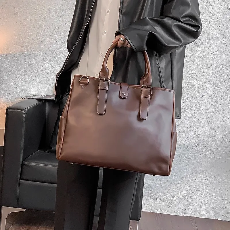 Vintage Briefcase For Men Large Capacity PU Leather Laptop Office Casual Shoulder Handbag Tote Messenger Business Bag Male