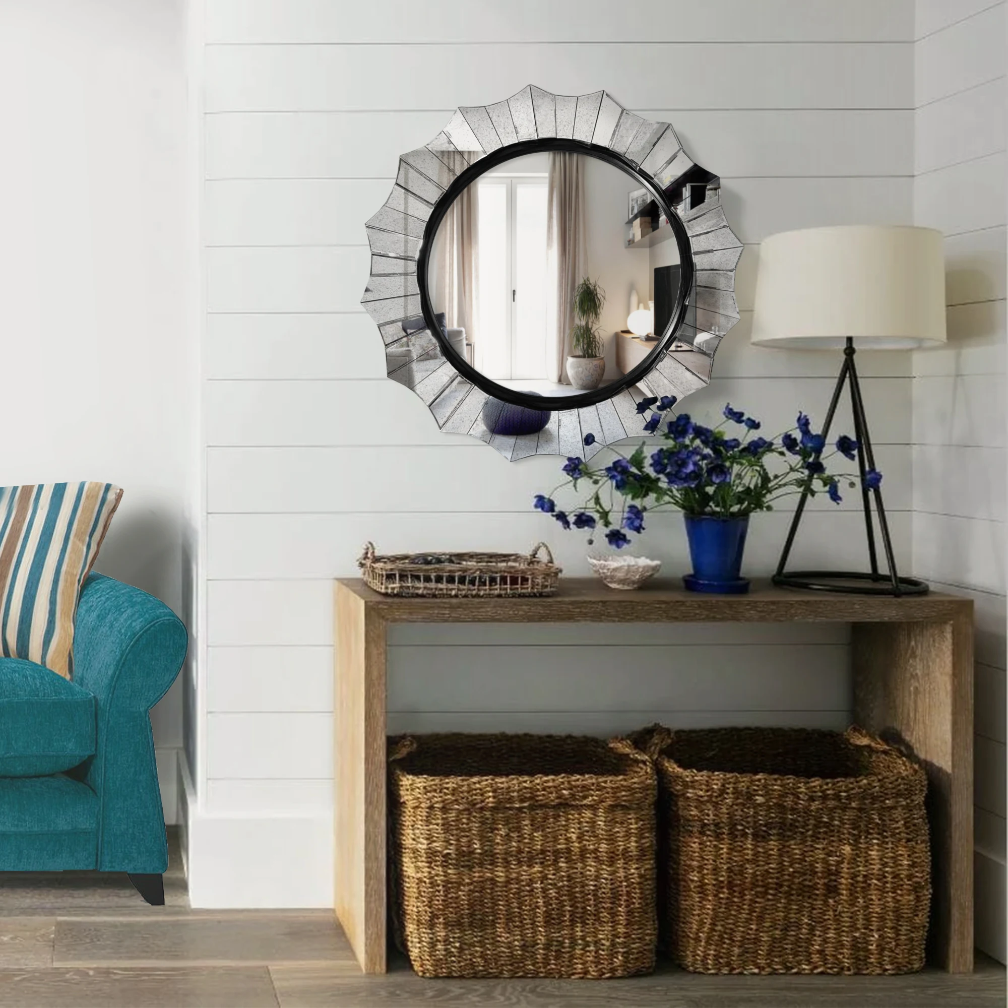 Round Accent Wall Mirror with Scalloped Design and Beveled Edges, Silver