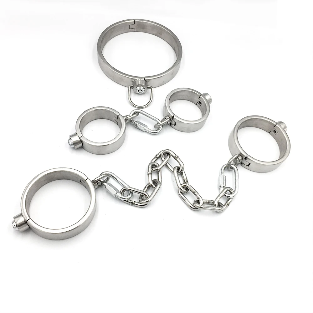 Heavy Stainless Steel Press Lock Neck Collar Handcuffs Ankle Cuffs Restraints  Bondage Adult Games Sex Toys for Couples
