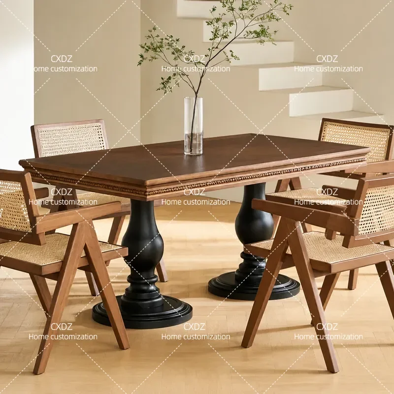 Solid Wood Dining Table Rectangular Antique Style High End Home Restaurant Furniture Set with Chairs Large Size for Hotel