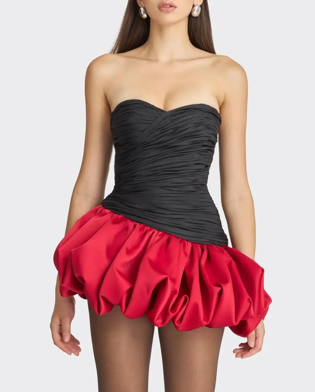 Fashion 2 Colors Mini Dress Black and Red Ruffles Short Prom Party Dresses with Detachable Bow Train Pleated Satin Formal Dress