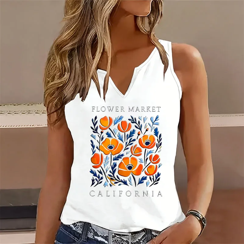 Summer Spring Flowers Market California Sleeveless Tank Top T-shirt V Neck Casual Fashion  Vest T Shirts Women Tee Shirt V-Neck