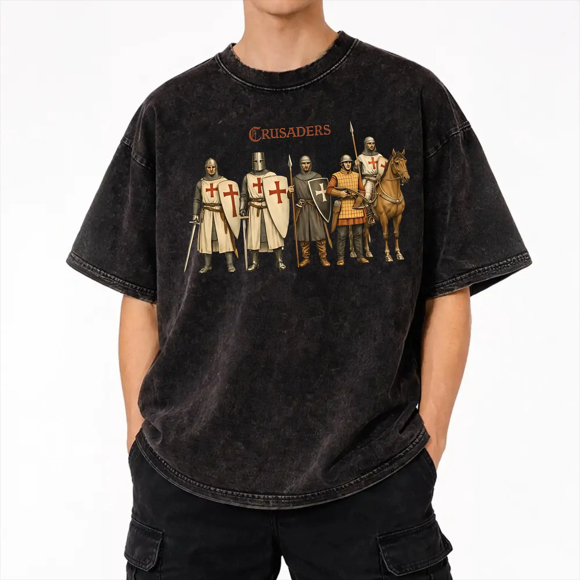 Crusader Templar Knights Medieval Army Art  Washed T Shirt Streetwear Hip Hop Novelty T-Shirts  Tees for Men Women Short Sleeve