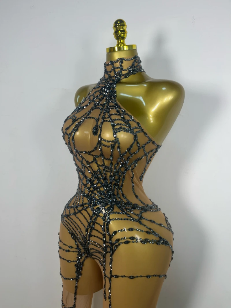 Frauen Führen Tanz Kostüm Ärmellose Strampler Party Geburtstag Nachtclub Bühne Outfit Sparkly Strass Stretch Mefh Overall