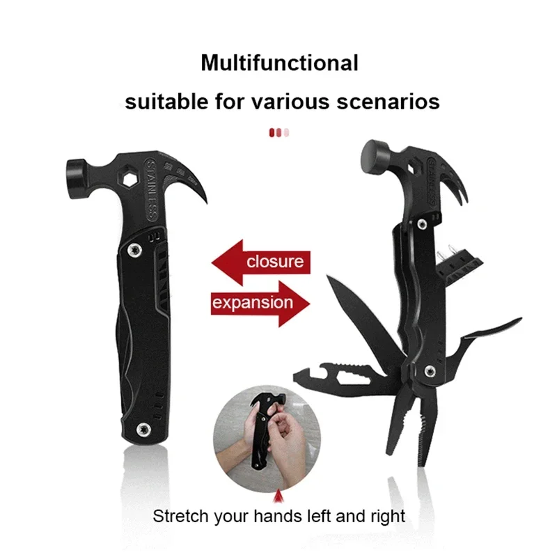 # Martillo de garra multiusos, martillo de reparación de emergencia para el hogar, herramienta combinada portátil para acampar al aire libre, cuchillo, hacha, alicate