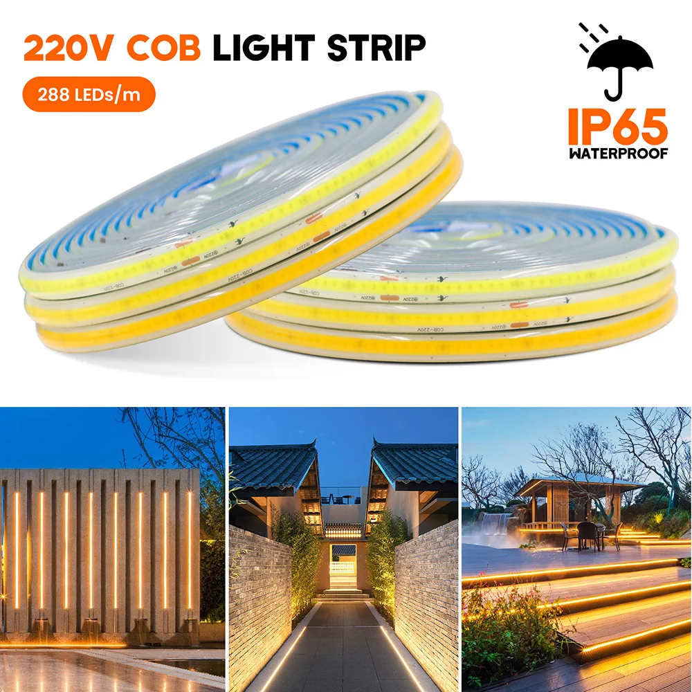 220V Switch LED COB Strip Light Waterproof IP65 Flexible Tape with Power 288 LEDs High Density Linear Lighting 5m 10m 50m 100m 