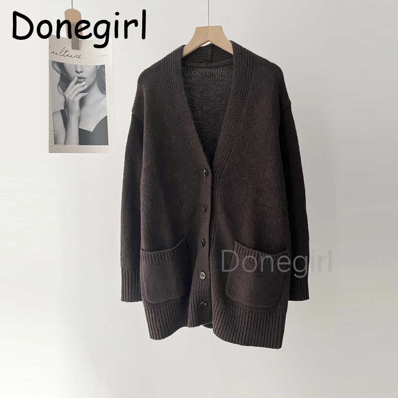 Donegirl Loose Cardigan Jacket Women Long Sleeve V-neck Knitted All-match Female Autumn Winter Coats Chic Baggy Tops