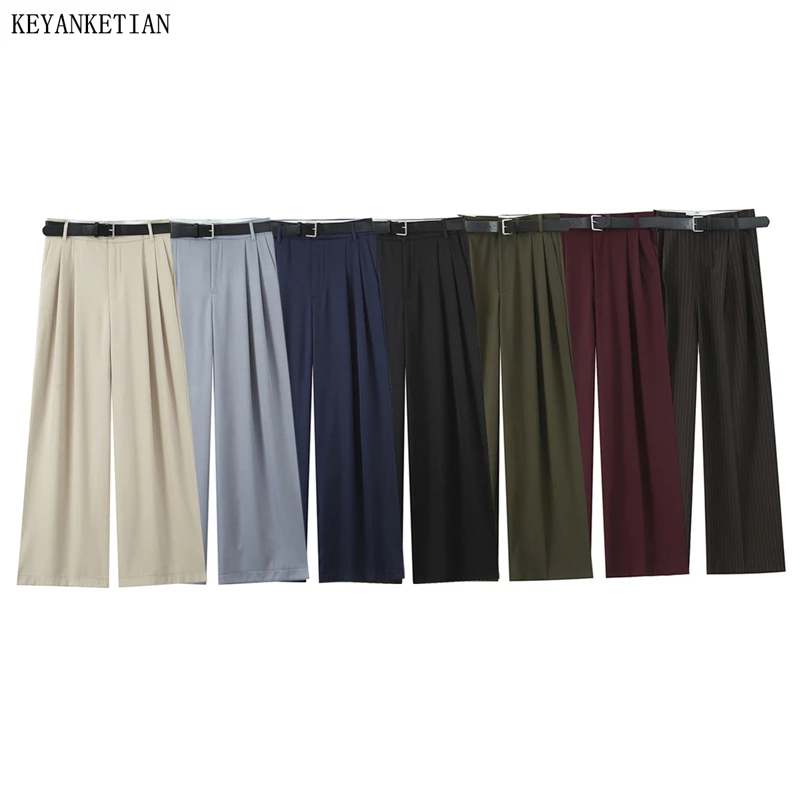 

KEYANKETIAN 2025 New Women's With Belt Solid color Wide leg Pants Office Lady Pleated Decoration Zipper High Waist Long Trousers