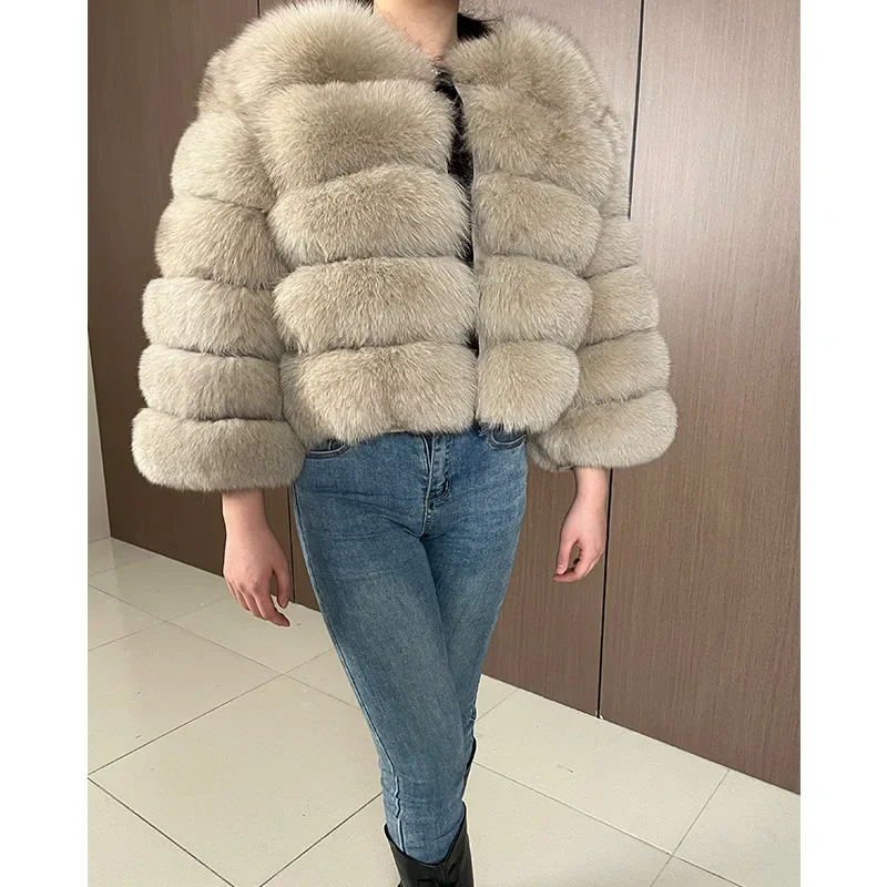 Manteau en fourrure de renard naturel pour femme, manches longues, beige, véritable, chaud, luxe, hiver, veste avec poignées amovibles, vêtements de combinaison en fourrure, 2024