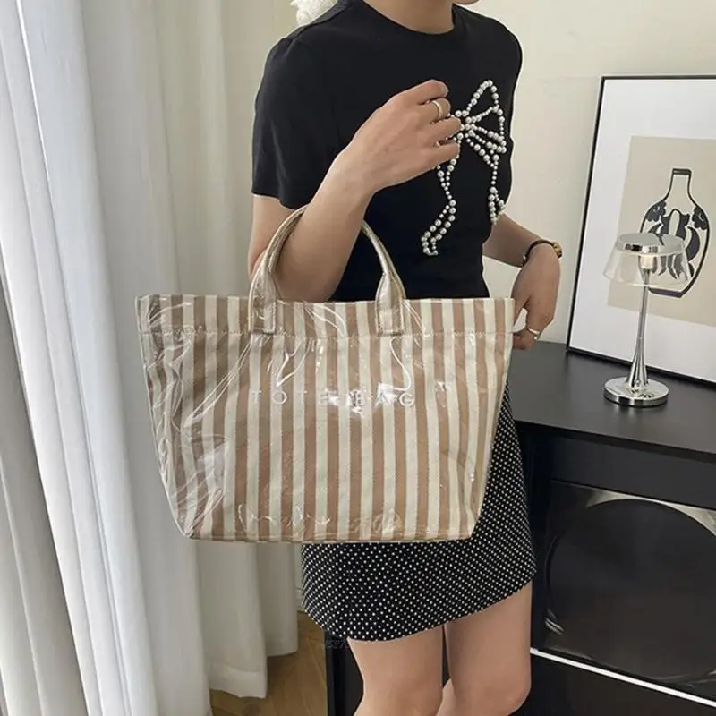 

X5XA Fashionable Top Handle Bag Transparent PVC Handbag With Striped Design Large Interior Organized Pockets