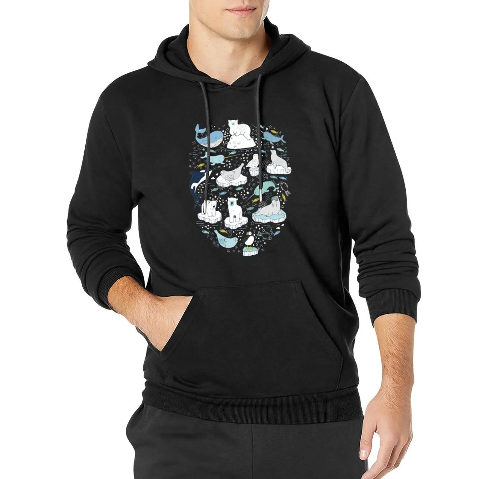 

Arctic Animal Icebergs - blue and mustard - Fun Pattern by Cecca Designs Pullover Hoodie men's clothing new in hoodies