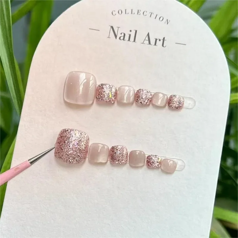 Purely handmade wearing nail white cat eye fake nail live broadcast wearing nail removable glitter art sheet ice through na