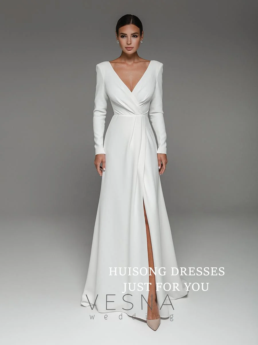 

HUISONG Customized Satin Mermaid Wedding Dresses V-Neck Long Sleeves Side Split Beach Bridal Gown свадебное платье