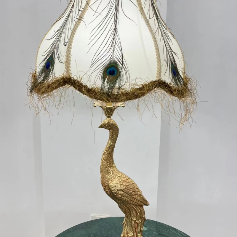 French peacock table lamp, European all-copper retro art bedroom lamp