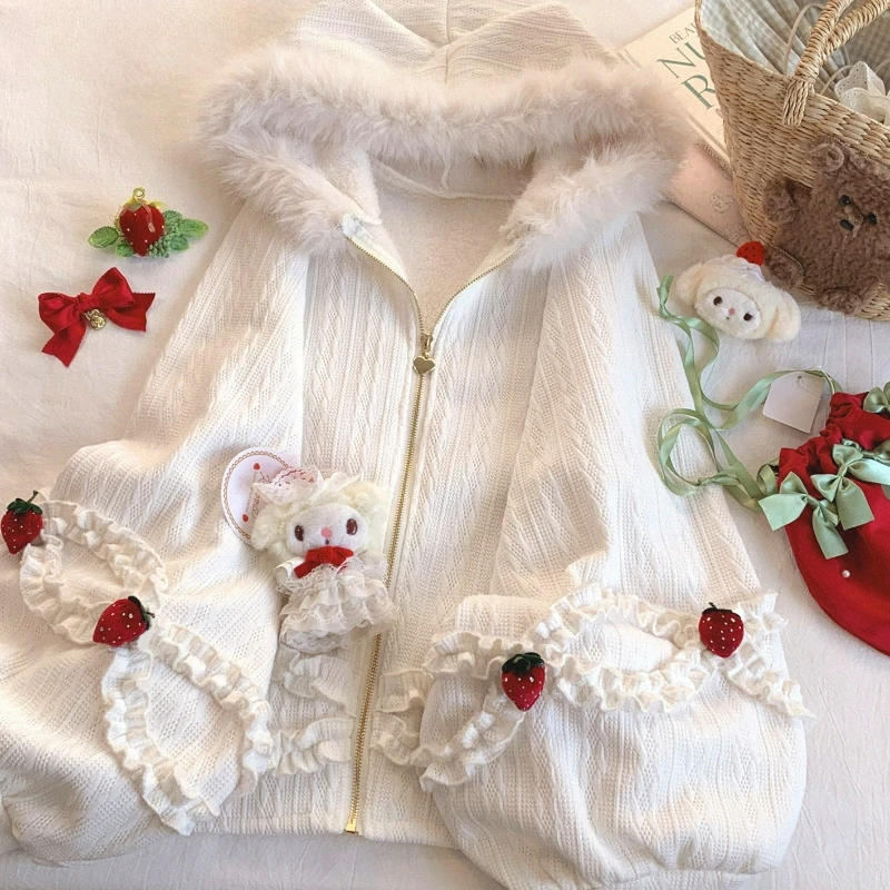 

Japanese Kawai Cute Knitte Jackets Women Sweet Strawberry Ruffle Casual Zipper Coat Y2k Aesthetic Loose Fashion Plush Hooded Top
