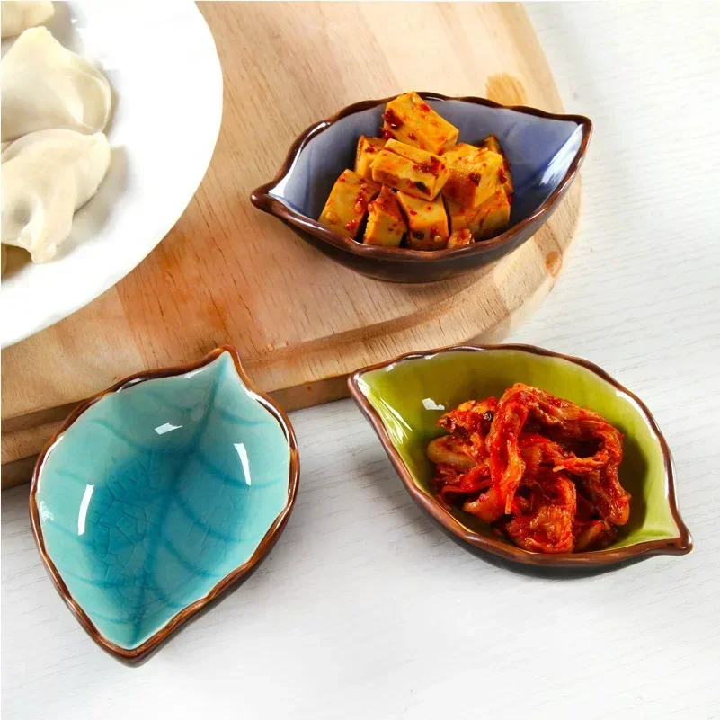 Kitchen Bowl Sauce Boats Leaf Shape Saucer Dish Creative Ice Crack Glaze Leaf Ceramic Seasoning Soy Sauce Vinegar Small Plates