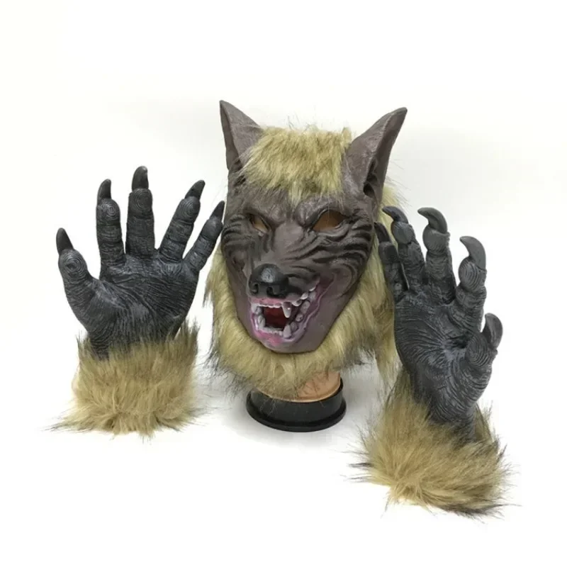 RT01 Werewolf Costume  Party Mask  Wolf Gloves Cosplay Halloween Latex Rubber Wolf Head Hair Mask Werewolf Glove  Party Scar&Gf1
