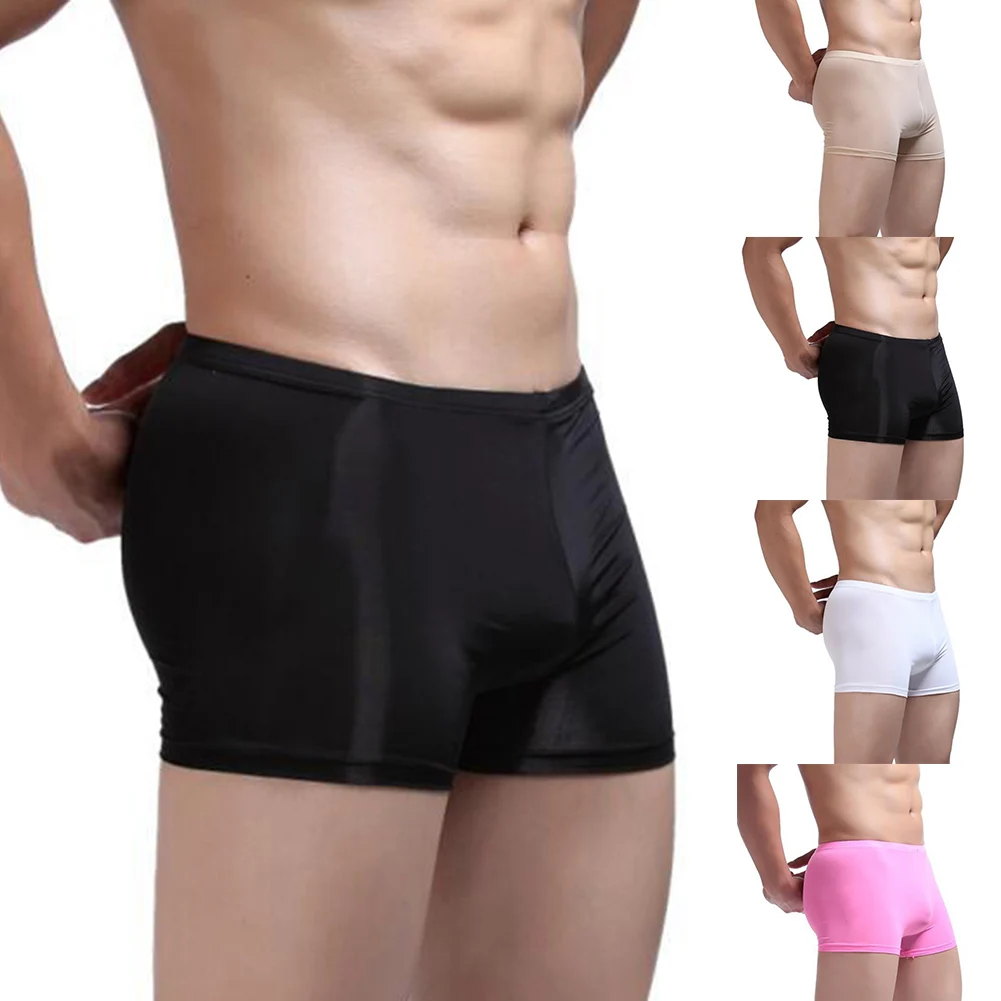 Men Ice Silk Boxers Satin Oil Shiny Underwear Low Rise Trunks Stretch Smooth Brief Seamless Ultra-thin Breath Shorts Panties