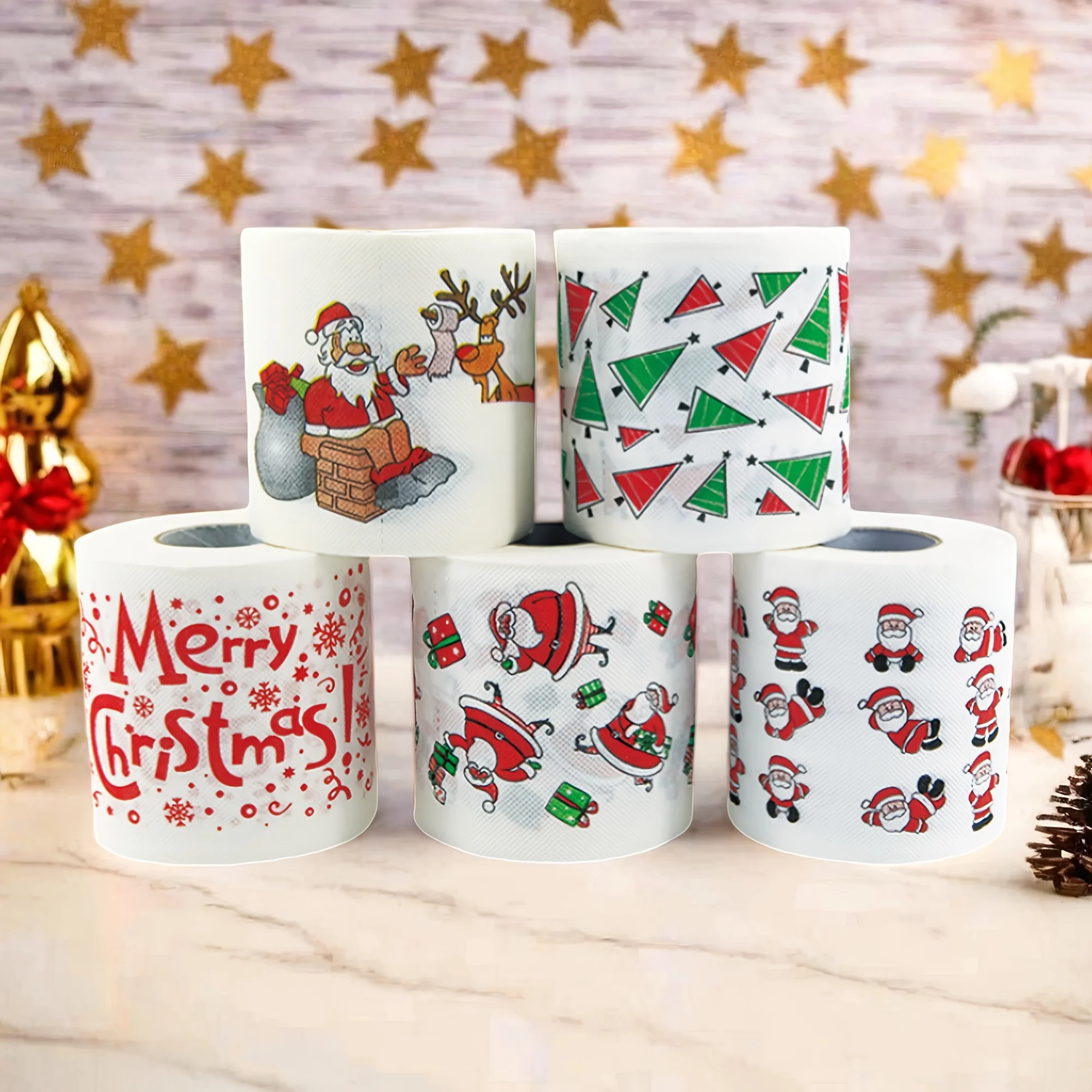 2/3/6Rolls Christmas Toilet Paper - Festive Santa Reindeer Snowflake Designs,Wood Pulp,Fragrance-Free for Home Bathroom Party