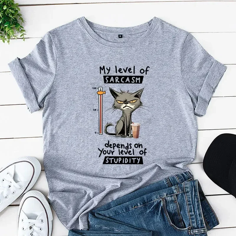 

Women T-Shirts Fashion Funy Casual Streetwear My Level of Sarcasm Depends on Your Level of Stupidity Cat Female Vintage Tee Tops