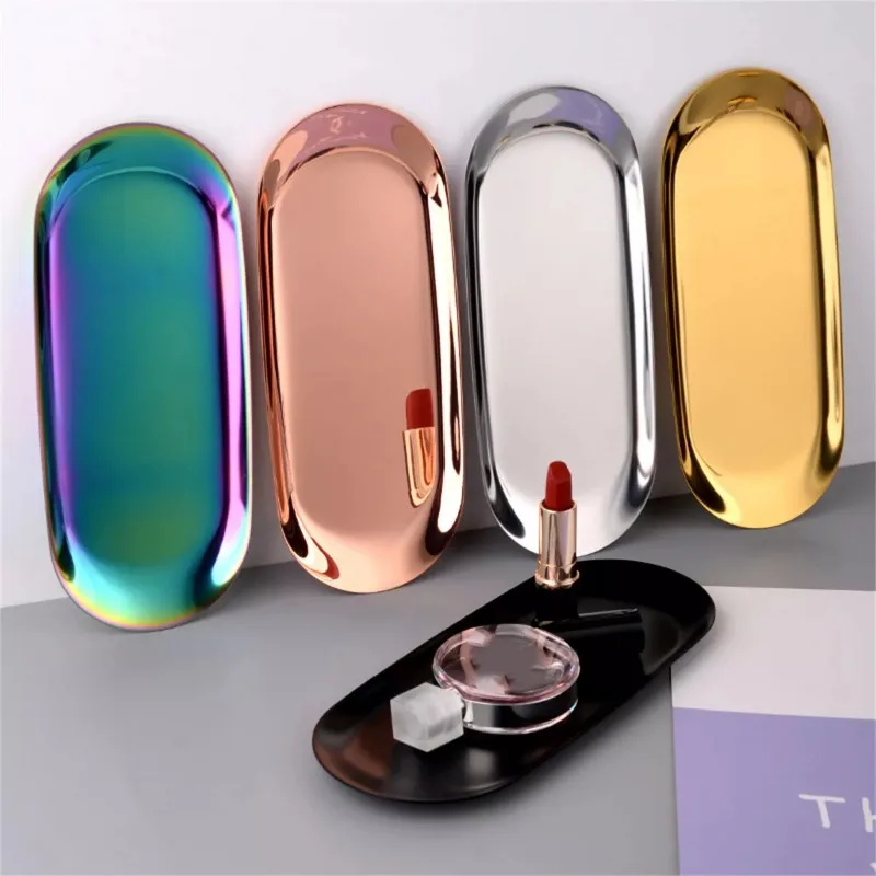 Stainless Steel  Jewelry Storage Tray Oval Vanity Organizer Nail Display Rack Decorative Home Decor Christmas New Year Gift