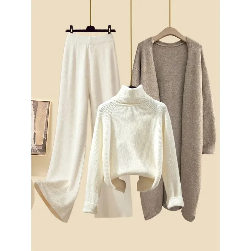 Fall Winter Warm Knitwear Sets for Womens Elegant Turtleneck Sweater+long Knitted Jackets+wide Leg Knitting Pants Sets Suit N554