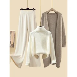 Fall Winter Warm Knitwear Sets for Womens Elegant Turtleneck Sweater+long Knitted Jackets+wide Leg Knitting Pants Sets Suit N554