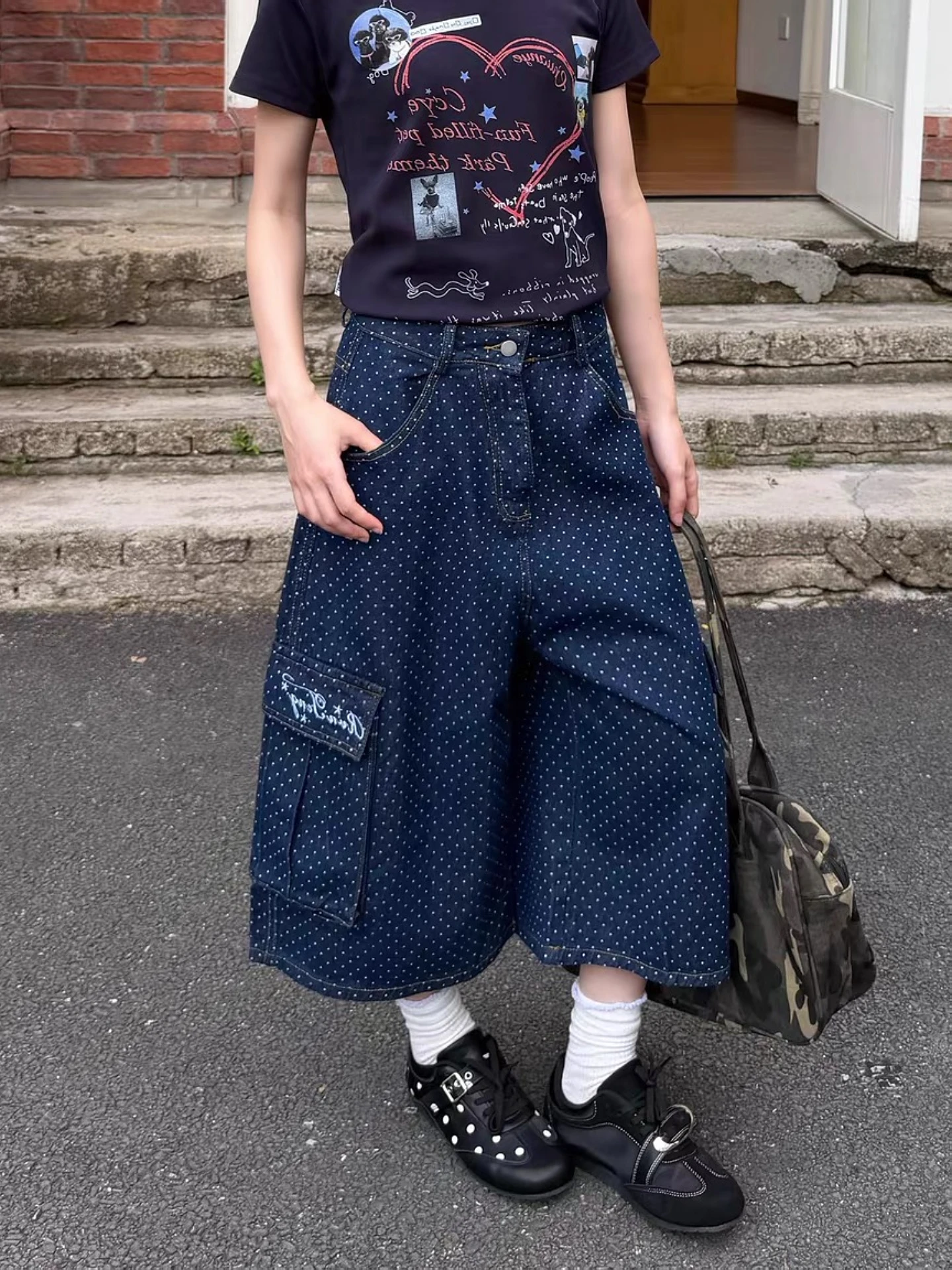 

plus Size American Retro Polka Dot Denim Shorts Men Women Loose Casual High Waist Wide Leg Short Pants Summer Casual Jeans