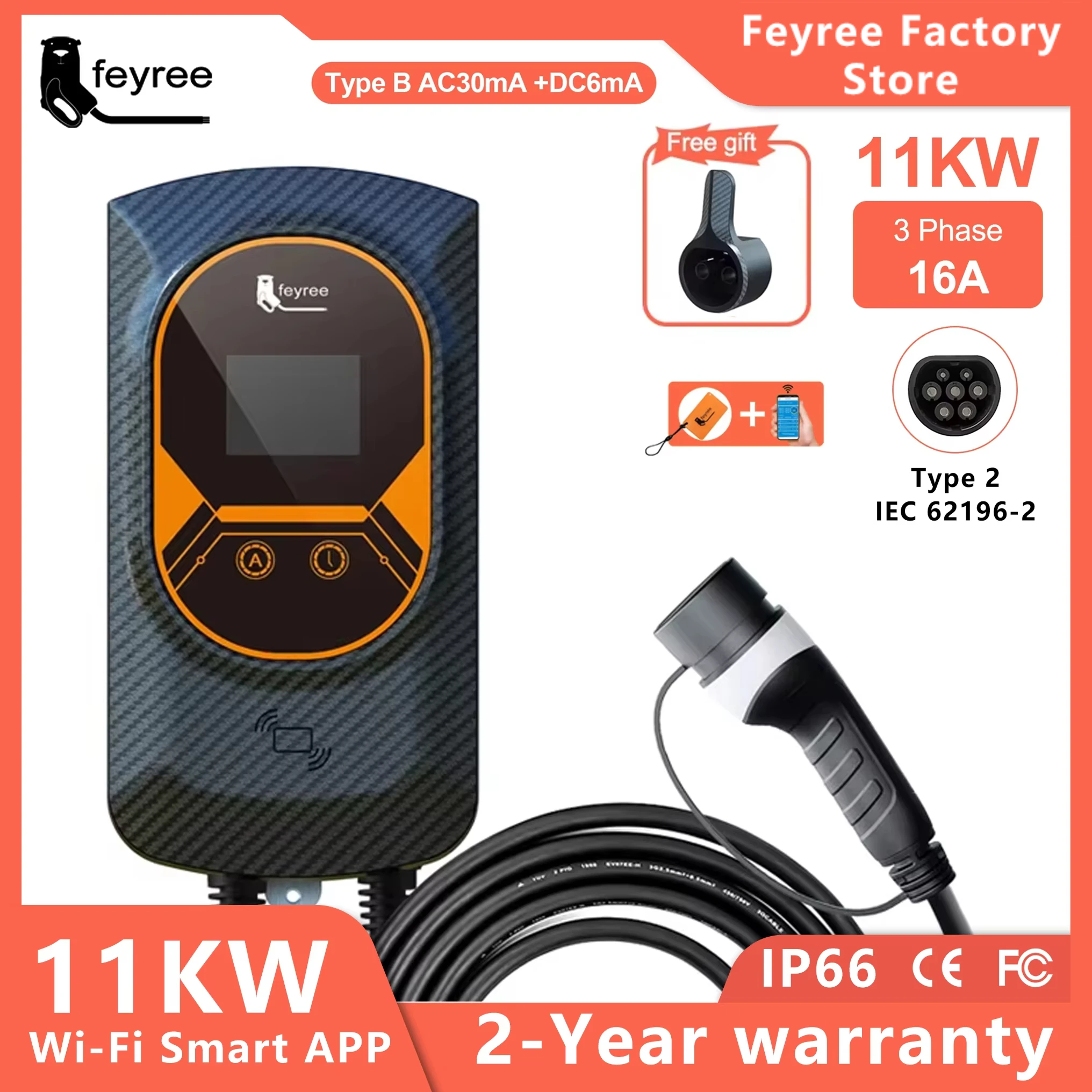

feyree EVSE Wallbox Type2 Cable 32A 7.6KW EV Car Charger 11KW 22KW 3 Phase Charging Station APP Control for Electric Vehicle