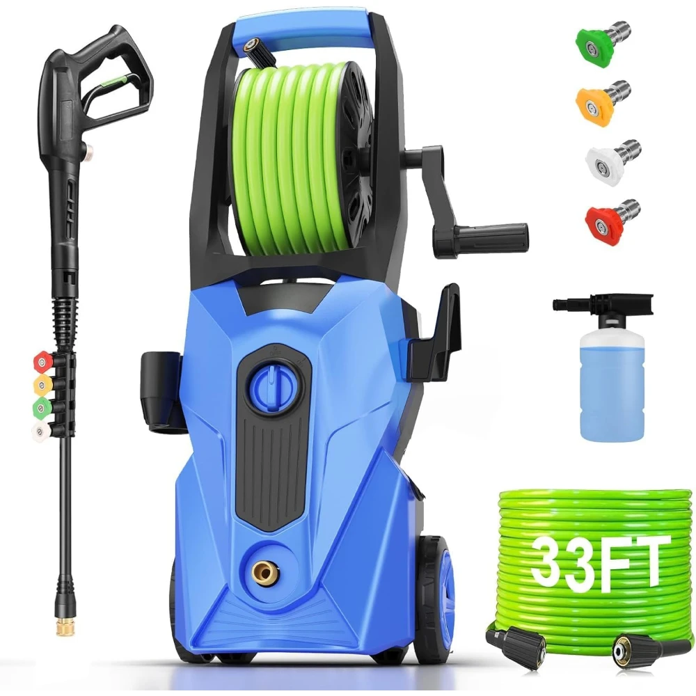 Upgraded Blue 5000PSI Pressure Washer With 33Ft Hose 4 Nozzles Foam Cannon For Home Car Fence Patio Cleaning