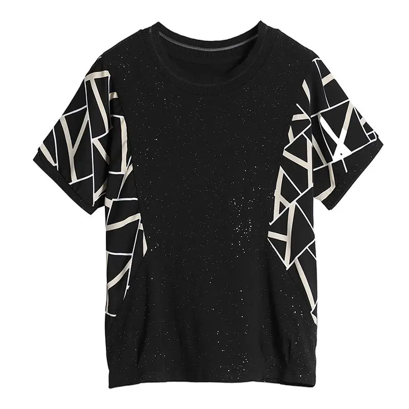 Women\'s Clothing Summer Short Sleeve Sequined Geometric Printing Crew Neck Pullover T-shirt Casual Fashion Elegant Trendy Tops