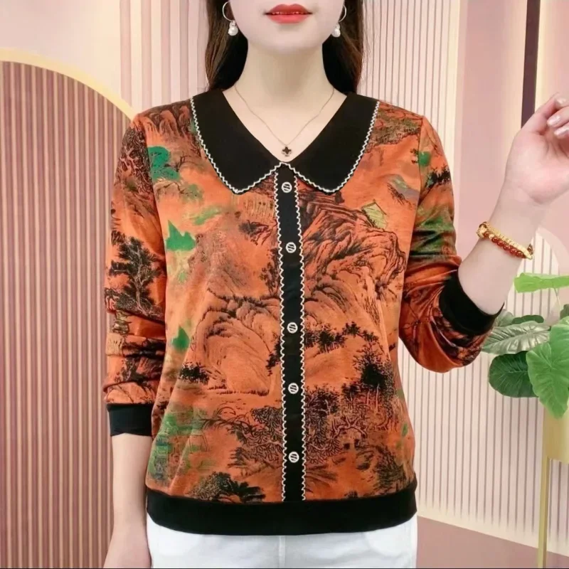 Top Printed  Collar Long Sleeve Shirt T-shirt for Women 2025 Autumn New Style Middle-aged Elderly Mothers Dressed