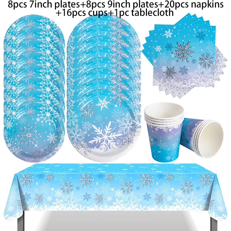 Frozen Snowflake Disposable Tableware Set Snow Theme Party Decoration Paper Plate Napkin Tablecloth Kids Birthday Party Supplies
