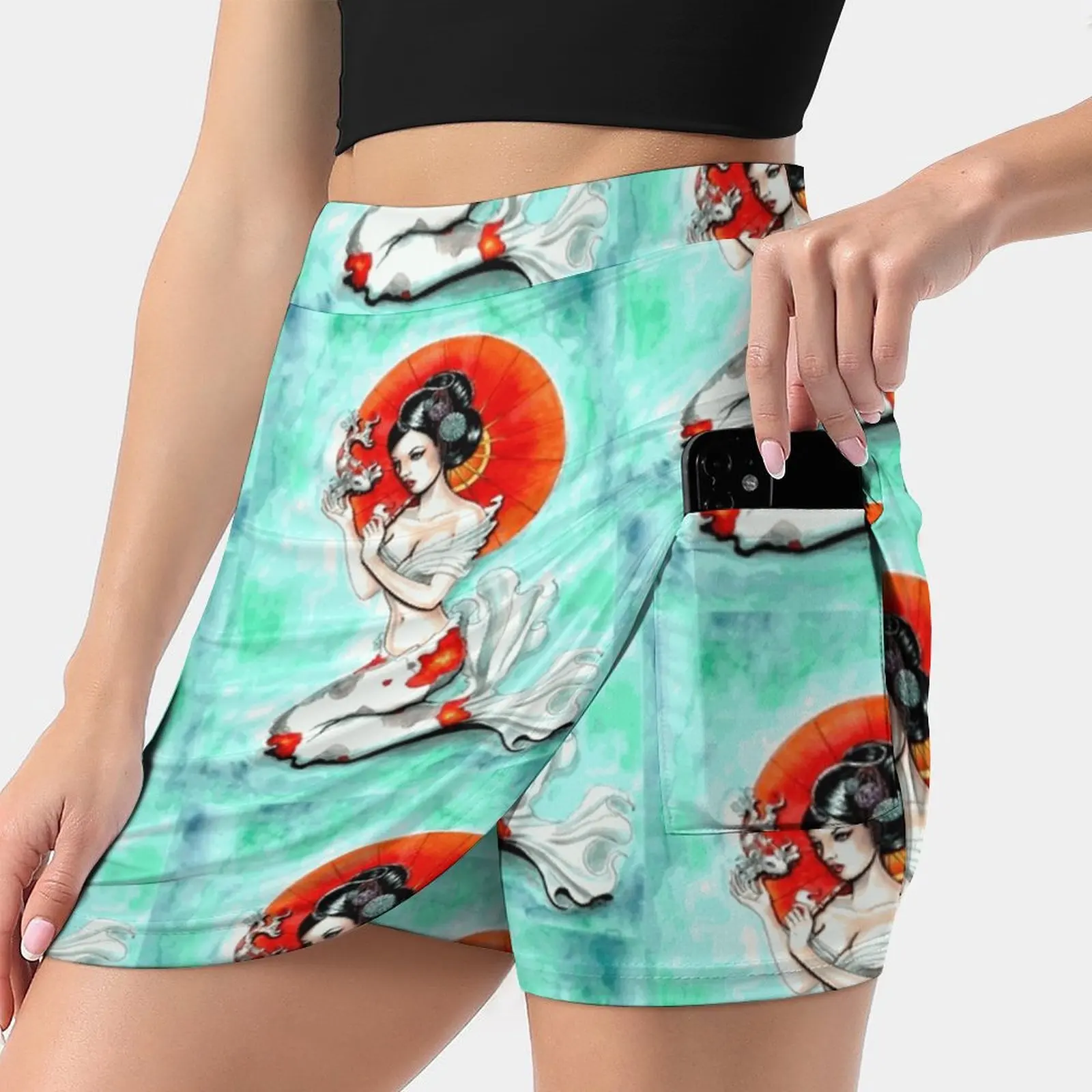 Koi Women Tennis Skirts Golf Badminton Pantskirt Sports Phone Pocket Skort Geisha Koifish Tattoo Parasol Mermaid Japanese