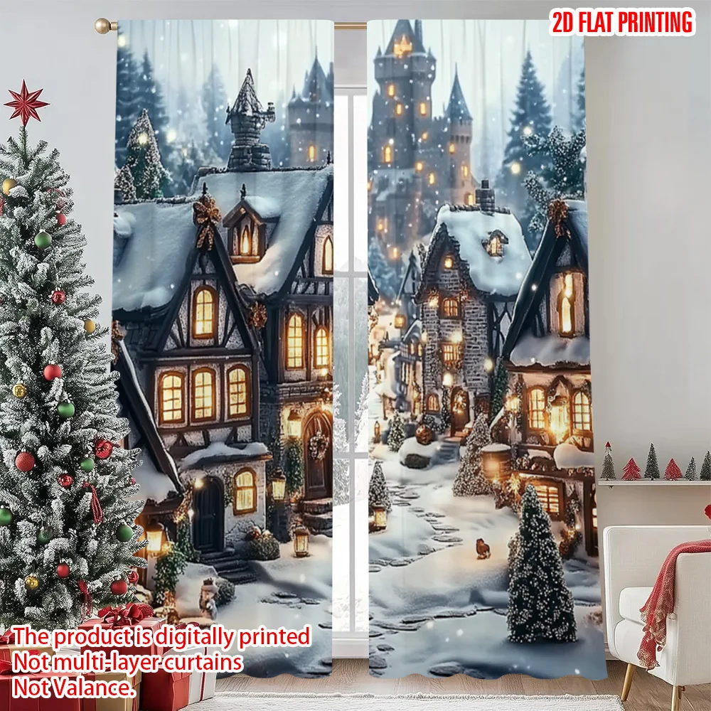 

2pcs 2D flat printing Merry Christmas Popular Curtain Christmas Snowy Warm Street Versatile Polyester Fabric Without Electricity