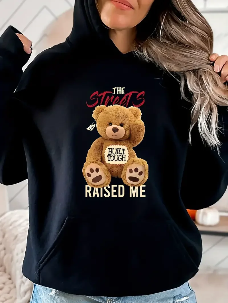 

Bear Letter Print Long Sleeves Hooded Sweatshirt Loose Fit With Pocket Hoodie Women's Clothing