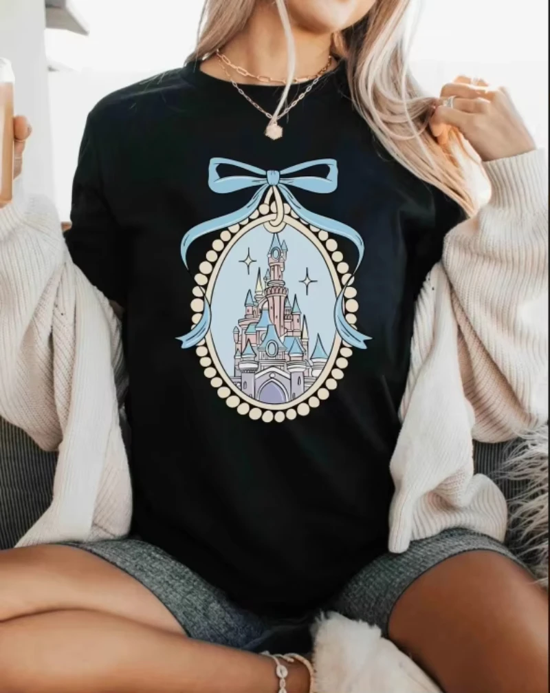 

Summer New Fashionable Cute Women Plus Size Retro Disney Princess Long Hair T-shirt Family Travel Short Sleeve T-shirt