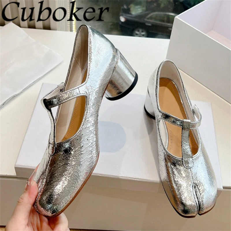 

2024 Summer Split Toe Round Heels Mary Janes Shoes Women Fashion Real Leather Single Shoes Ladies Sexy Party Dress Pumps Female