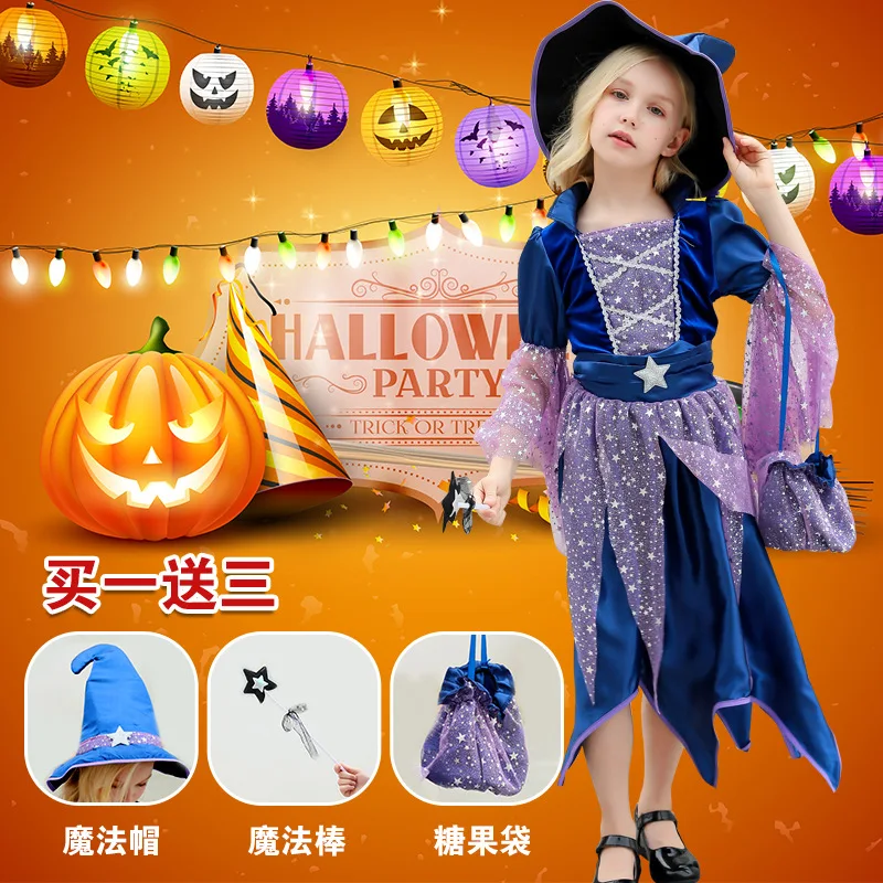 Kids Witch Costume Children Halloween Purim Carnival Party Magician Cosplay Costume Girls Spirit Princess Dress With Hat Bags