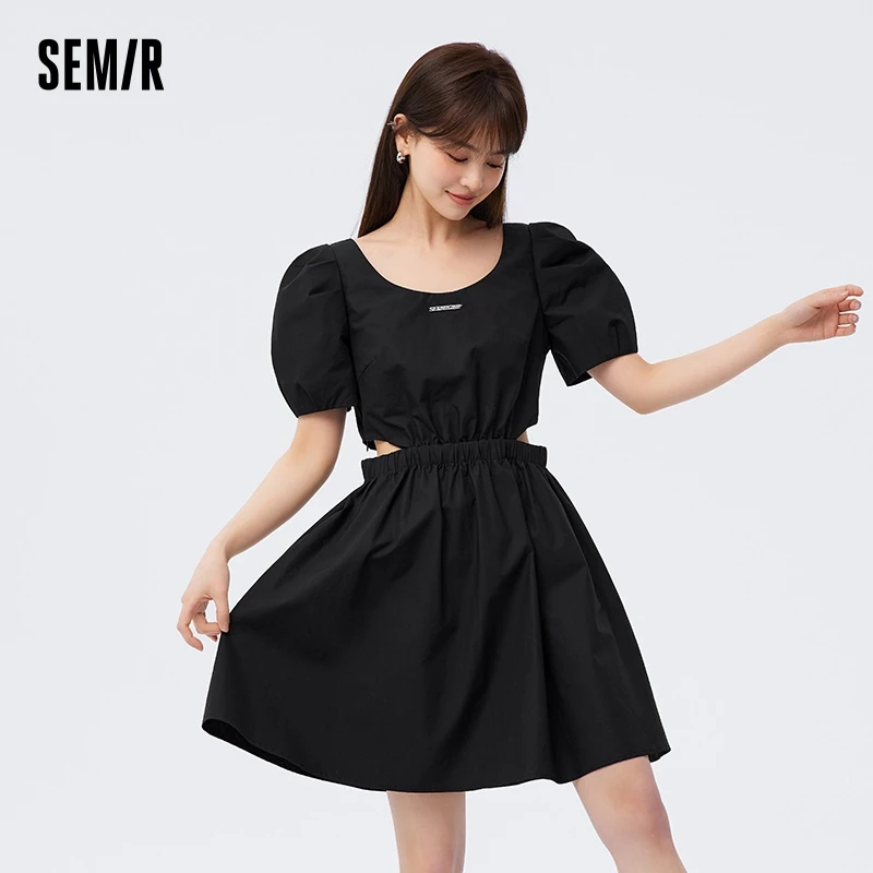 Semir Dress Women Hollow Sexy Careful 2024 Summer New Bubble Sleeve Little Black Dresses