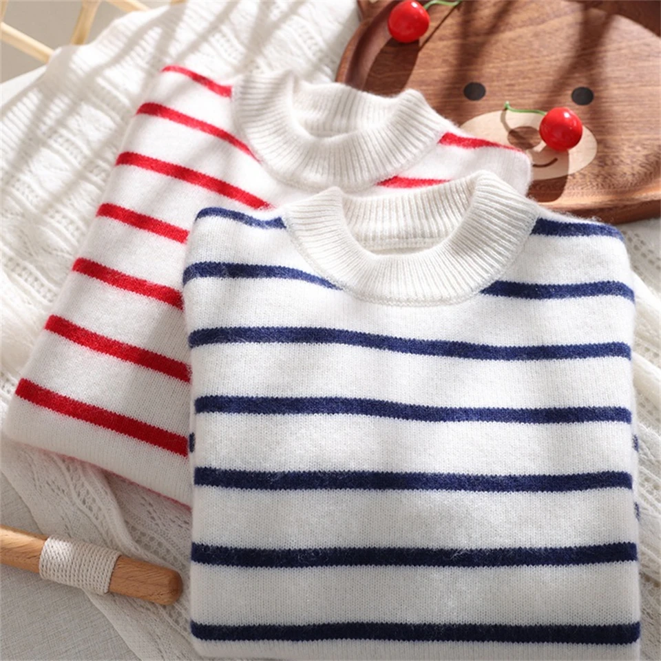 

Children cashmere sweater 100% Wool Boy striped round neck Pullover sweater Girl casual keep warm color blocked sweater Kids Top