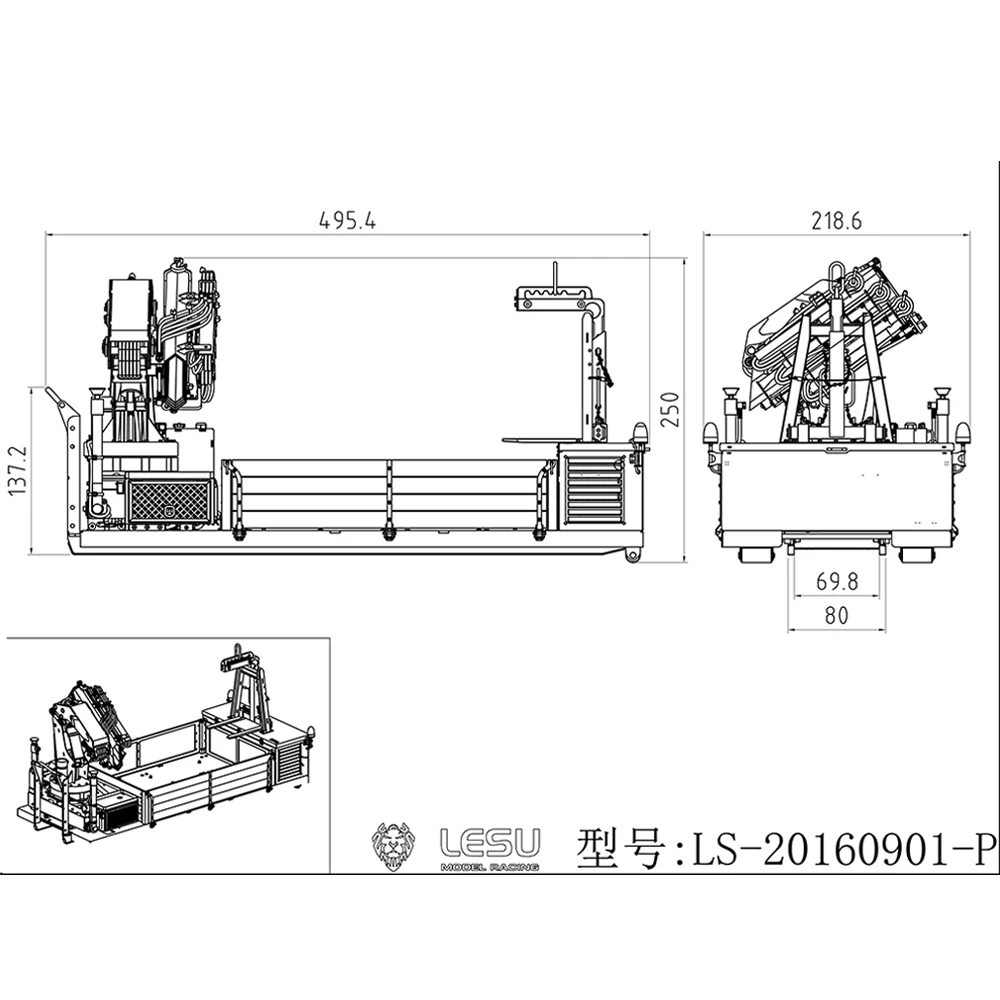 Lesu-金属製カーゴボックス油圧クレーン,ダンパートラックロールオン,rcアクセサリー,ライト付きバルブ,DIYモデルギフト,1:14,7ch