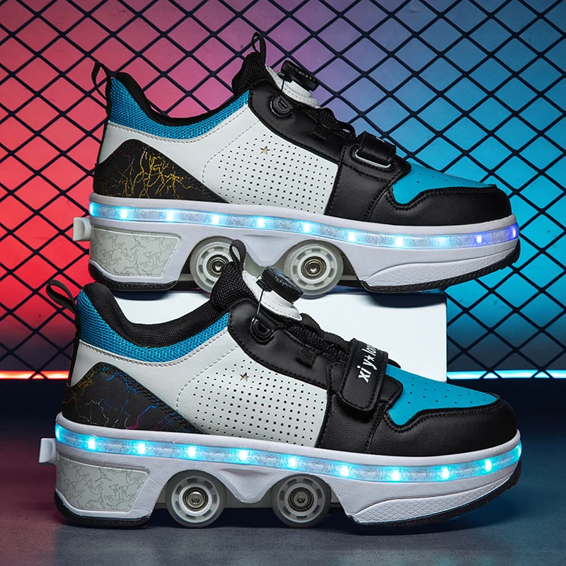 LED Deformation Parkour Shoes Four Wheels Rounds Of Running Shoes Casual Sneakers Unisex Deform Roller Shoes Skating Shoes