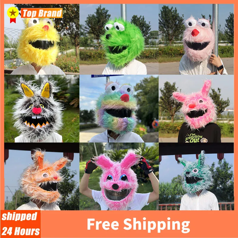 Moto Helmet Protection Headgear Cover Cartoon Fluffy Plush Set For Motorcycle Full-Face Protective Case Motorbike Safety Trendy