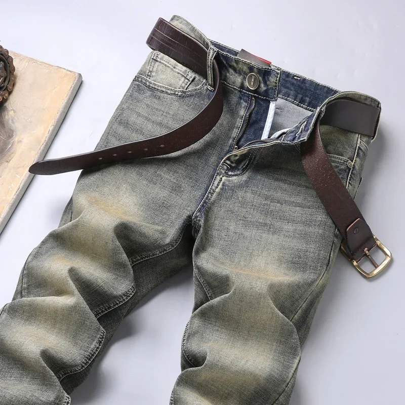 Spring Men Classic Business Jeans Straight Work Wear Vintage Distressed Slim Denim Pants Fashion Casual Trousers Male Clothing