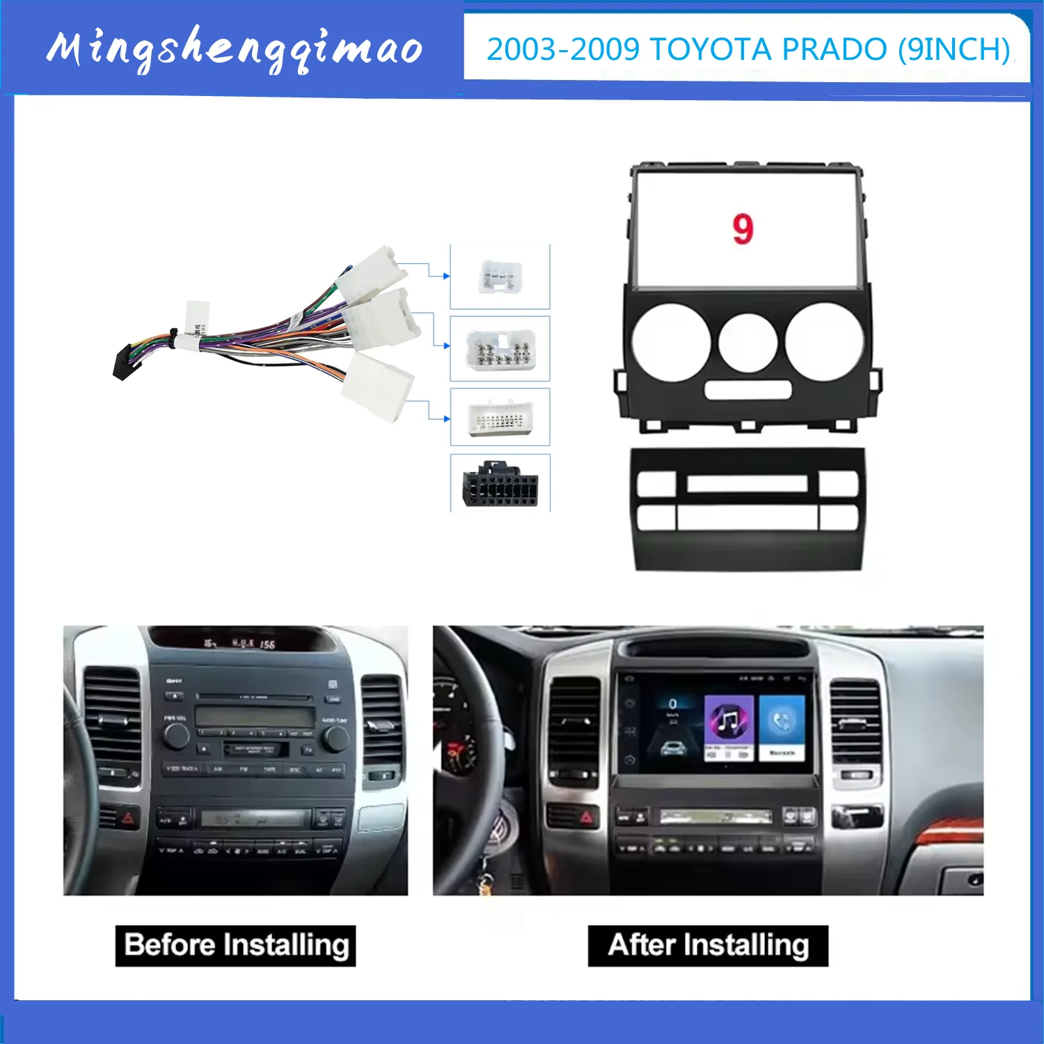 Panel Radio Fascia mobil 9 inci untuk TOYOTA Land Cruiser Prado (120) 2004-2009 Kit dasbor bingkai pelat adaptor Bezel konsol Facia